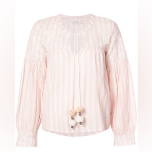 LoveShackFancy Tops - LoveShackFancy Pink Striped Blouse with Lace and Pom-Poms